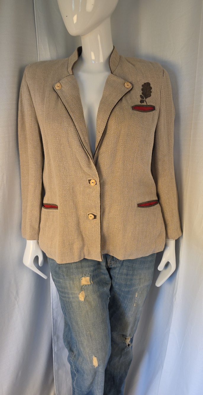Frankonia Jagd Beige 100% Linen Jacket with Oak Leaf Embroidered Detail Size 42